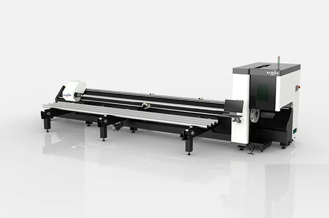 Stationary semi-automatic tube laser cutting machine with loading arm, rotary chucks, and CNC control panel.