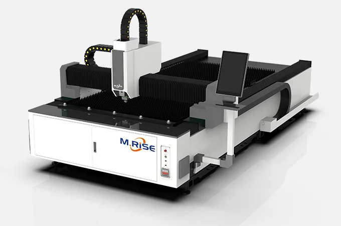 Open-platform industrial fiber laser cutting machine precision-cutting metal sheet with automated head.