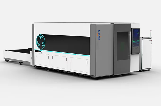 Industrial full-cover enclosed fiber laser cutting machine with CNC control panel and safety door display.