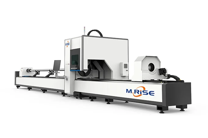 Three-chuck CNC fiber laser tube cutting machine processing long metal tubes
