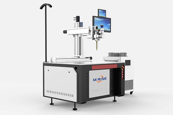 Fully automatic CNC laser welding machine with robotic gantry, enclosed work cell, and touchscreen control panel.