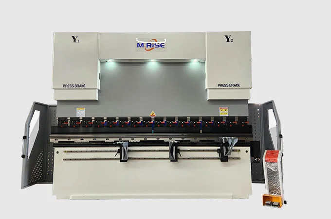 CNC press brake machine in static display, showcasing heavy-duty frame, hydraulic ram, and digital control panel for precision metal bending.