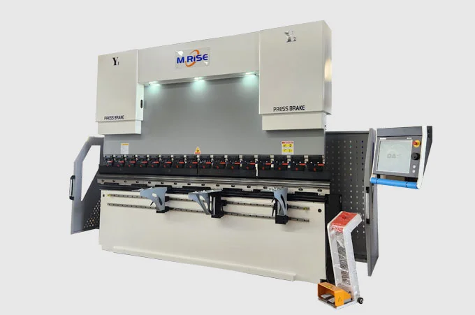 Stationary industrial CNC hydraulic press brake machine in a factory or showroom setting.
