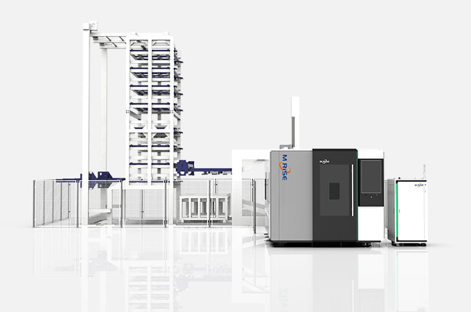Industrial fiber laser cutter with integrated storage racks | Automated material handling system loading metal sheets