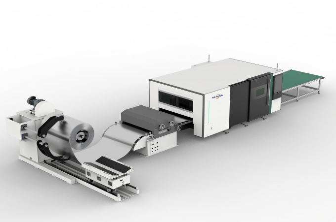 Automated coil-to-parts laser production line: Decoiler feeding metal coil into fiber laser cutter with robotic part sorting | Smart factory