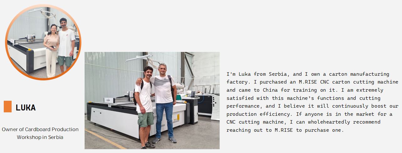 Serbia customer testimonial for M.RISE CNC carton cutting machine after factory training in China