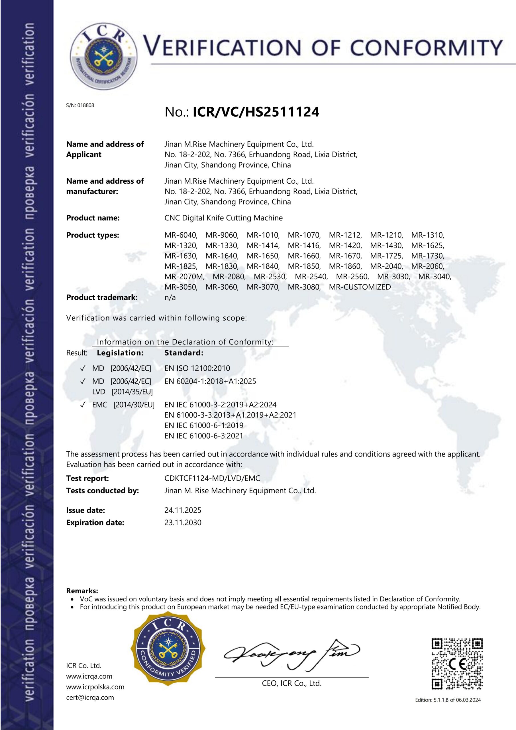 ICR Verification of Conformity for listed M.RISE CNC digital knife cutting machine models under MD, LVD and EMC requirements.