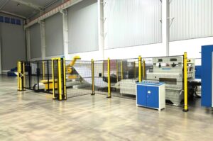 MRISECNC coil-fed laser blanking line with automatic decoiling, continuous coil feeding and precision leveling equipment in the factory.