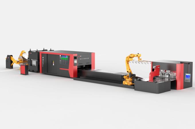 MRISECNC automated coil-fed production line integrating decoiling, leveling, laser cutting, robotic unloading and sheet metal bending.