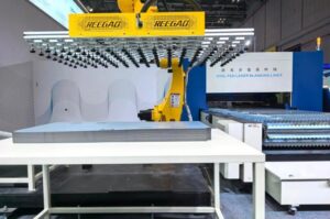 REEGAO robotic vacuum unloading and stacking system for a coil-fed laser blanking line, exclusively represented by MRISECNC.